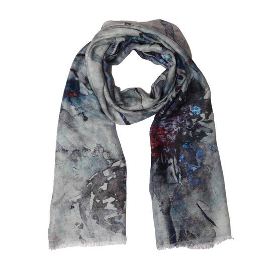 Midnight Bloom Floral Scarf – Merino Wool Designer Wrap | Abstract Blue Flower Print