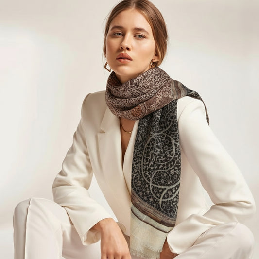 Moroccan Arch Architectural Scarf – Fine Merino Wool Designer Wrap | Intricate Mosaic Tree of Life Window Print