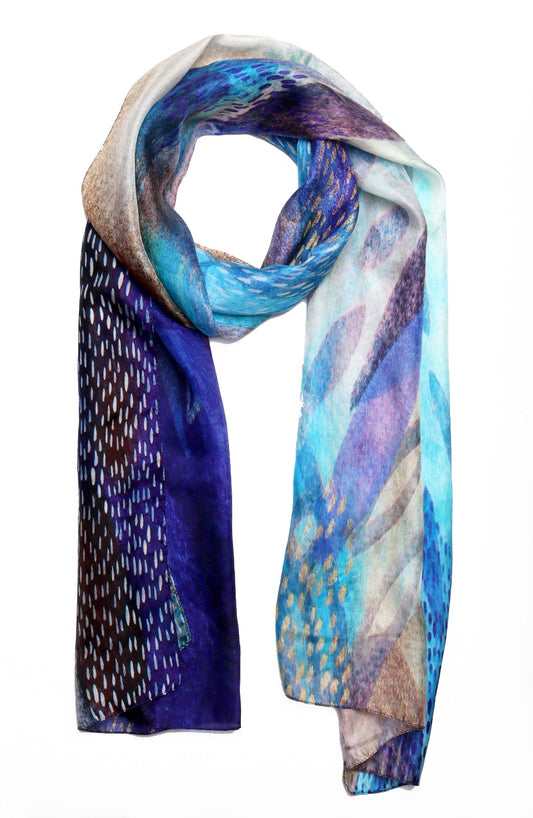 Mystic Waves Abstract Scarf – Pure Silk Designer Wrap | Blue & Purple Artistic Print