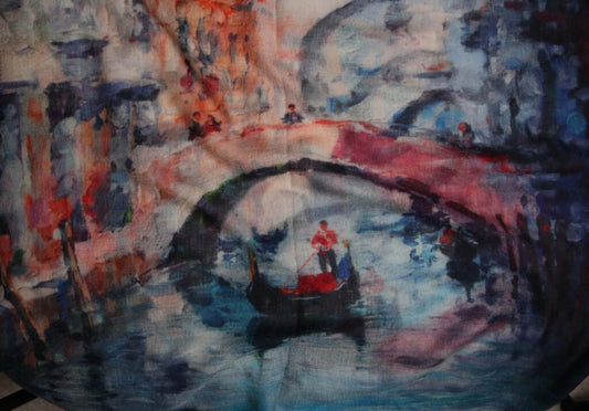 Venice Canal Architectural Scarf – Merino Wool Silk Silk Designer Wrap | Gondola Cityscape Print