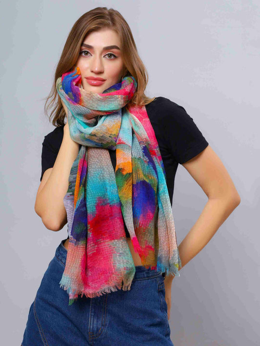 Aurora Dreams Abstract Scarf – Fine Merino Wool Silk Designer Wrap | Multicolour Watercolor Print