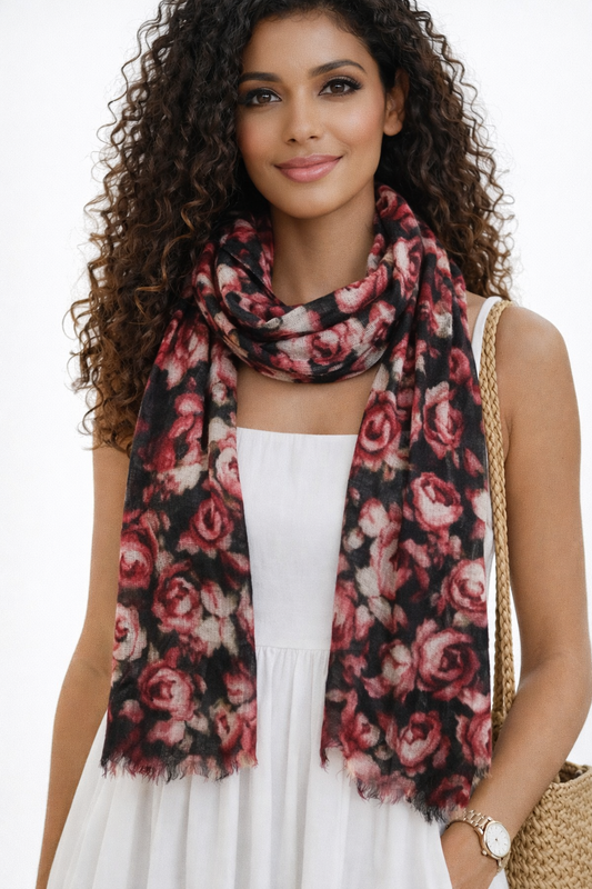 Rose Petal Garden Floral Scarf – Fine Merino Wool Designer Wrap | Vintage Bloom Print