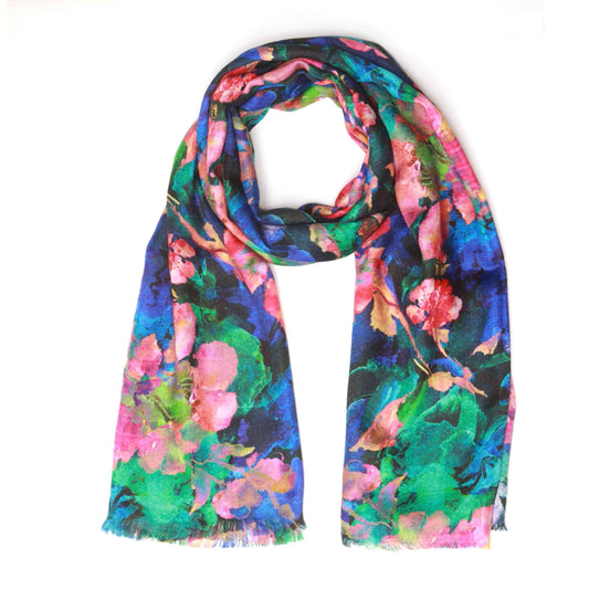 Azure Bloom Merino Wool Silk Scarf – Vibrant Botanical Designer Print