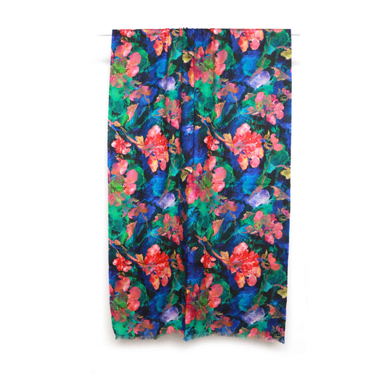 Azure Bloom Merino Wool Silk Scarf – Vibrant Botanical Designer Print