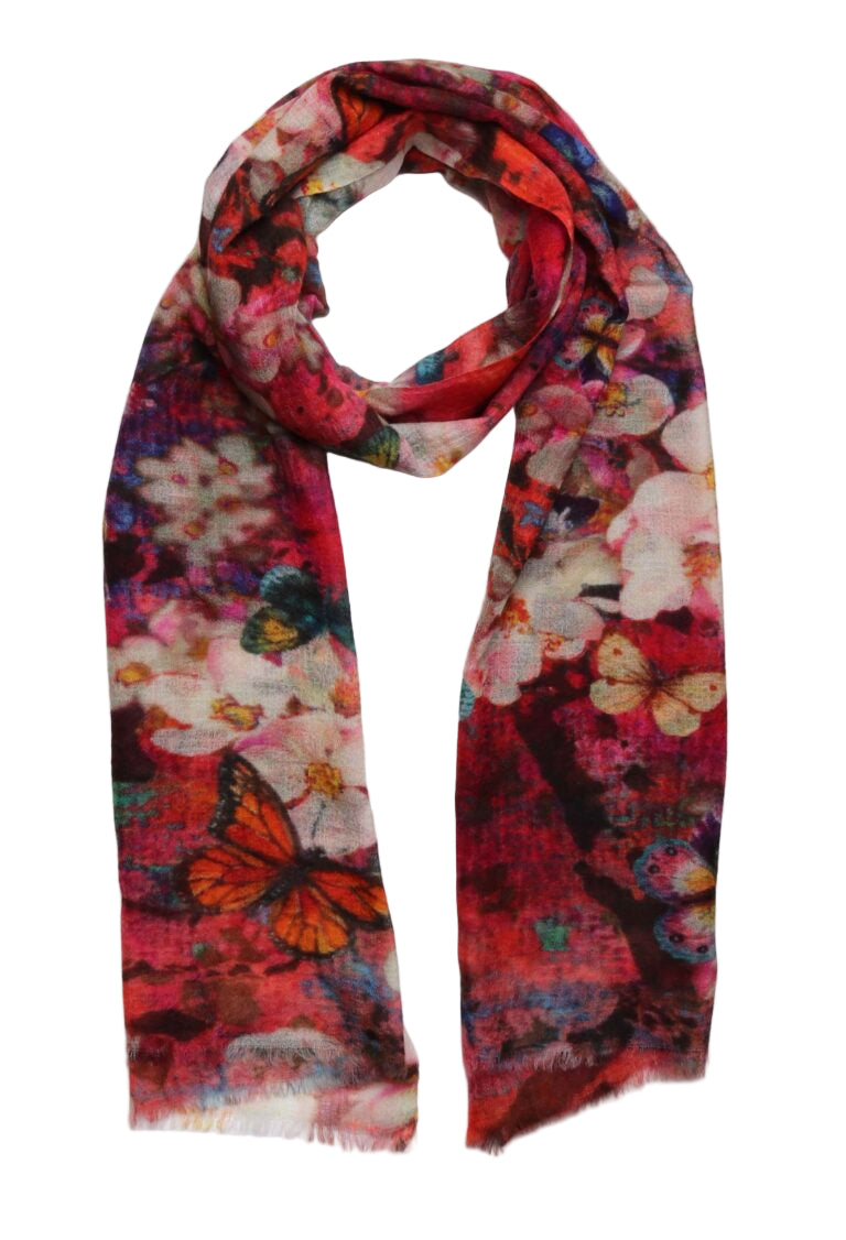 Colorful floral and butterfly patterned scarf on a white background