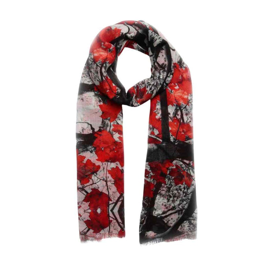Crimson Maple Abstract Scarf – Modal Silk Designer Wrap | Autumn Tree