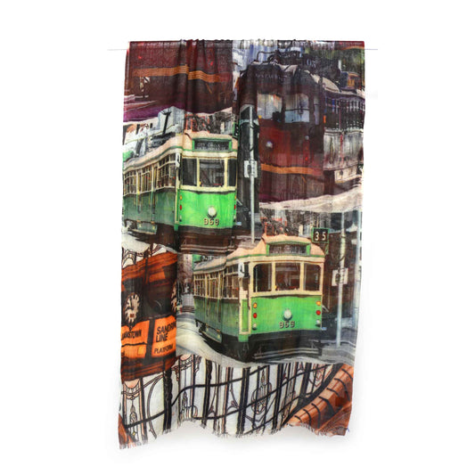 Melbourne Cityscape Architectural Scarf – Merino Wool Silk Designer Wrap | Vintage Tram Print