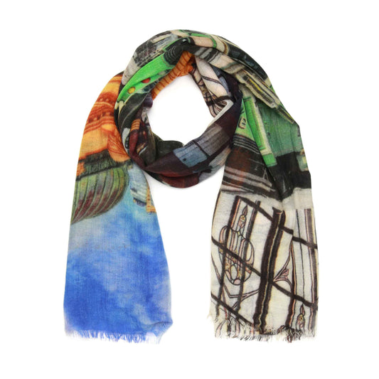 Melbourne Cityscape Architectural Scarf – Merino Wool Silk Designer Wrap | Vintage Tram Print
