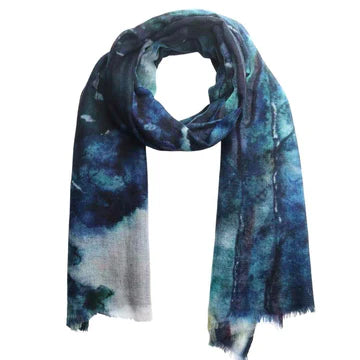 Moonlit Forest Abstract Scarf – Merino Wool Silk Designer Wrap | Watercolor Woodland Print