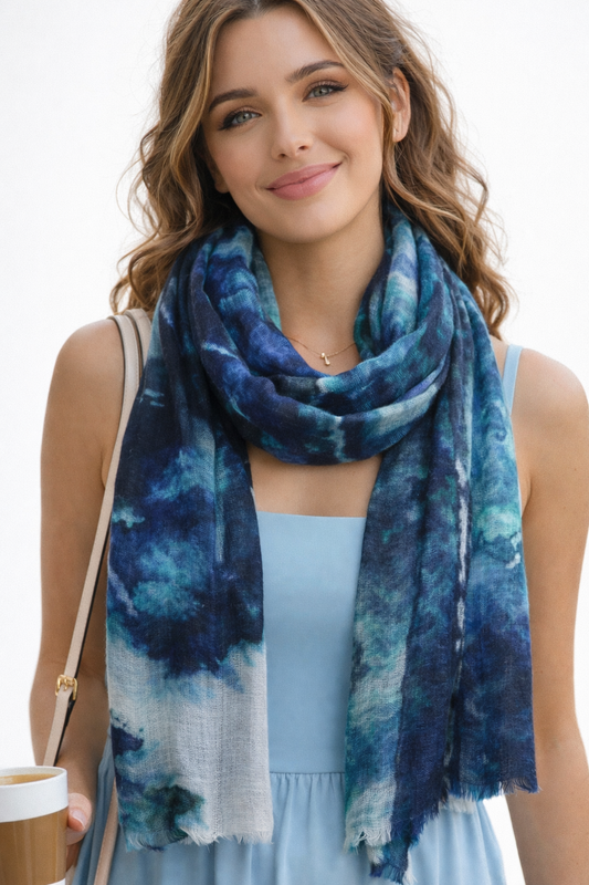 Moonlit Forest Abstract Scarf – Merino Wool Silk Designer Wrap | Watercolor Woodland Print