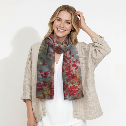 Poppy Field Floral Scarf – Merino Fine Wool  Designer Wrap | Monet Inspired Olda MAster Landscape Print
