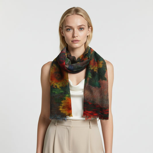Sunflower Bloom Scarf – Modal Silk Blend | Impressionist Floral Art Print Wrap