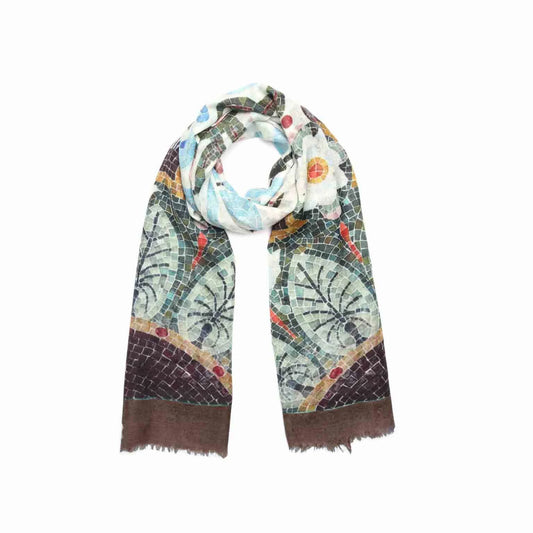 Mosaic Tile Scarf – Luxury Modal Silk Wrap | Artistic Floral & Geometric Pattern With Brown Hem