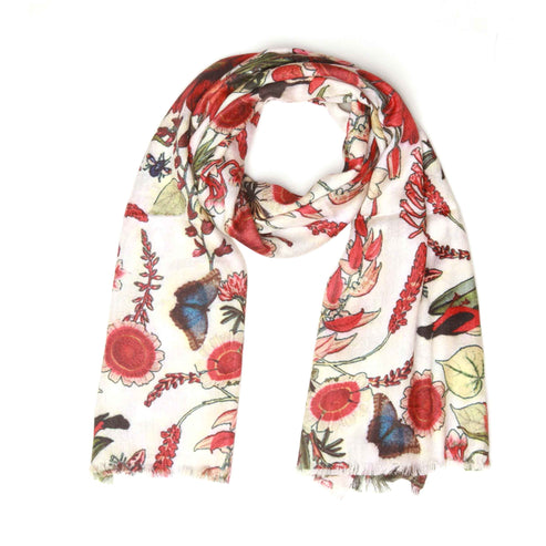 Tropical Garden Scarf – Cashmere Wool | Red Botanical & Exotic Bird Australian Coastal Print on White