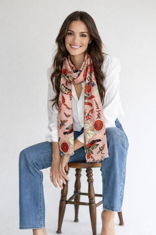Tropical Garden Scarf – Merino Wool Silk Blend | Red Botanical & Exotic Bird Australian Coastal Print on Peach