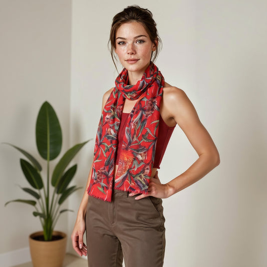 Red Cockatoo Banksia Scarf –Cotton Modal  | Australian Native Floral Bird Print