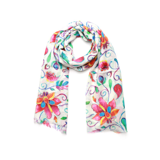 Colourful Floral Scarf – Merino Wool Embroidered Designer Wrap | Botanical Nature Print- White