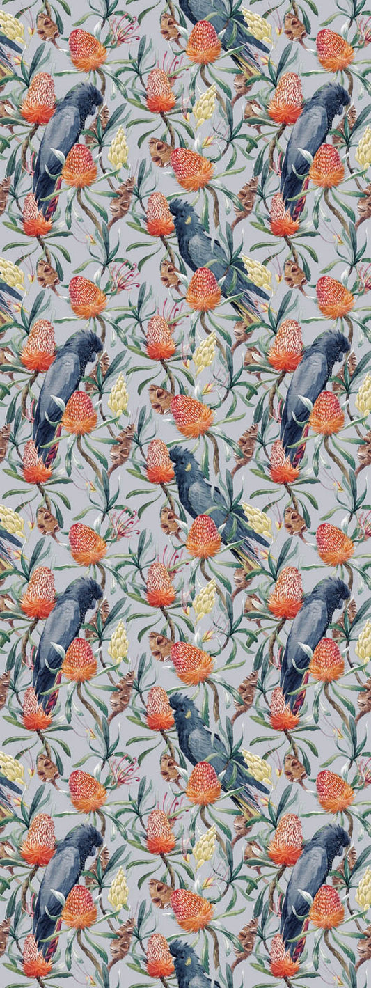 Grey Cockatoo Banksia Scarf – Linen | Australian Native Bird & Floral Print