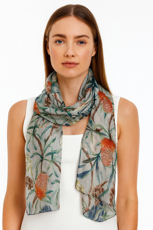 Grey Cockatoo Banksia Scarf – Modal Silk | Australian Native Bird & Floral Print