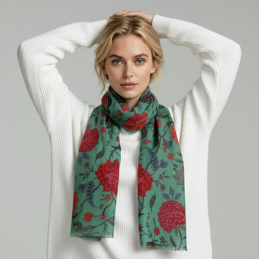 Botanical Bloom Scarf – Merino Fine Wool Wrap | Vibrant Pink & Red Flowers on Emerald Green