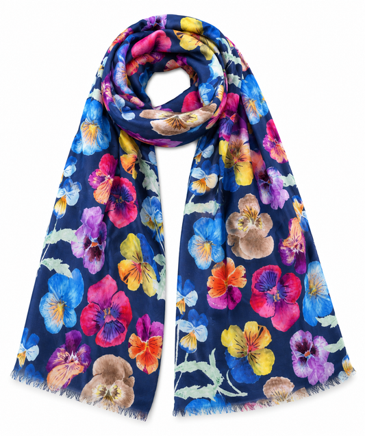 Midnight Pansy Garden Scarf – Vibrant Fine Merino Watercolour Floral