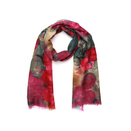 Crimson Vineyard Scarf – Merino Wool Wrap | Abstract Grape Cluster in Artistic Greens & Magenta