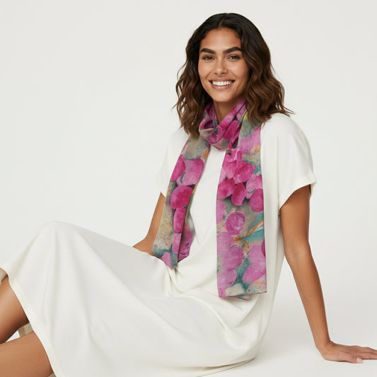 Crimson Vineyard Scarf – Merino Fine Wool Wrap | Abstract Grape Cluster in Artistic Greens & Magenta