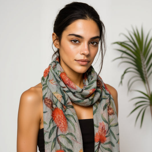 Banksia Blossom Scarf – Premium Modal Silk Wrap | Native Australian Coastal Botanicals on Soft Grey
