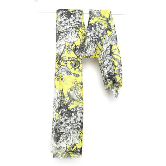 Sunlit Garden Merino Wool Silk Scarf – Hand-Drawn Floral & Bird Designer Print