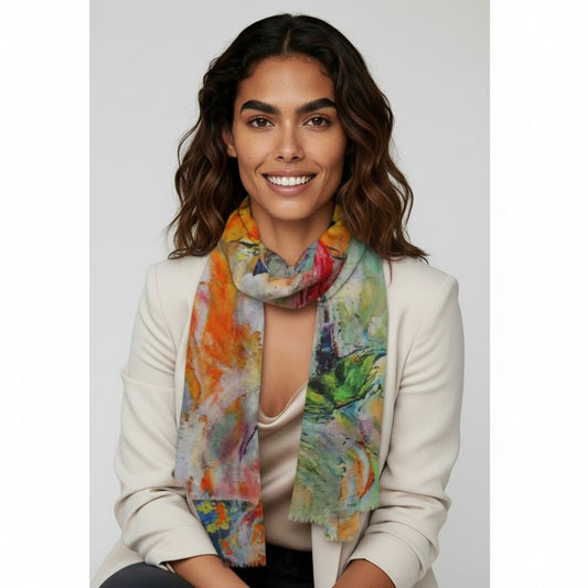 Rainy Day Romance Scarf – Premium Merino Wool Silk Wrap | Abstract Umbrella Walk in Bold Colours