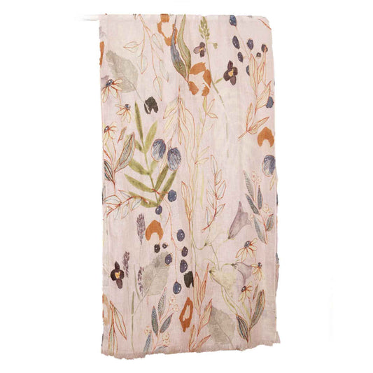 Lavender Botanical Scarf – Pure Linen Wrap | Hand-Drawn Leaves & Berries Floral Design