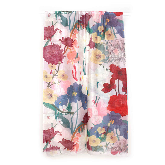 Botanical Symphony Scarf – Merino Wool Silk Wrap | Multicolor Garden Blooms on Soft Blush