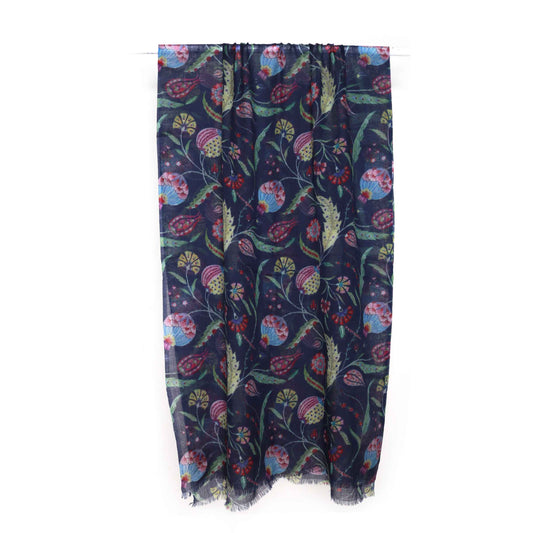 Midnight Botanical Paisley Merino Silk Scarf – Hand-Drawn Floral Art