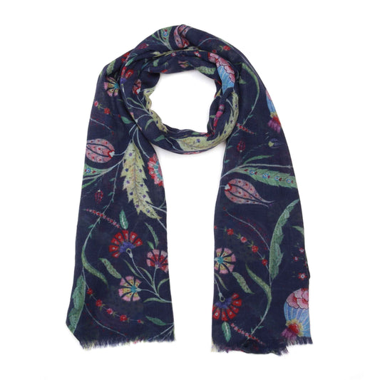 Midnight Botanical Paisley Merino Silk Scarf – Hand-Drawn Floral Art