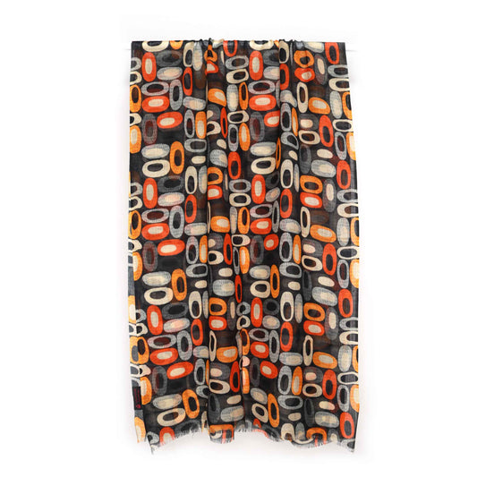 Retro Geometry Scarf – Modal Silk Wrap | Mid-Century Modern Abstract in Orange, Black & White