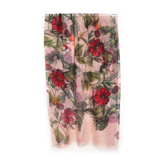 Botanical Bloom Scarf – Merino Wool Silk Wrap | Vintage-Inspired Magenta Flowers on Soft Blush Pink