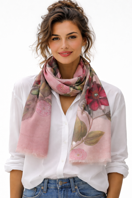 Botanical Bloom Scarf – Merino Wool Silk Wrap | Vintage-Inspired Magenta Flowers on Soft Blush Pink