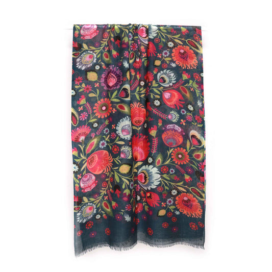 Folk Bloom Scarf – Modal Silk Wrap| Handcrafted Floral Folk Art in Teal & Bright Multicolor