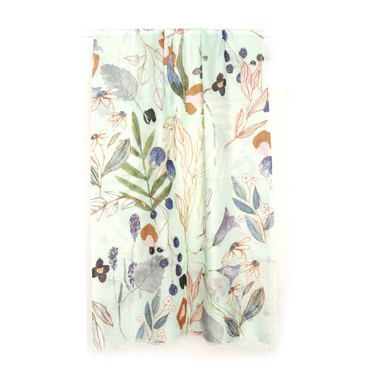 Botanical Breeze Scarf – Merino Wool Silk Wrap| Hand-Drawn Wildflower & Leaf Motifs on Aqua