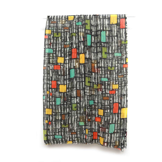 Modern Mosaic Merino Wool Silk Scarf – Abstract Geometric Designer Print