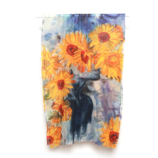 Sunflower Symphony Scarf – Cotton Modal Wrap | Golden Blooms on Watercolor Blue Old Masters Van Gogh Scarf
