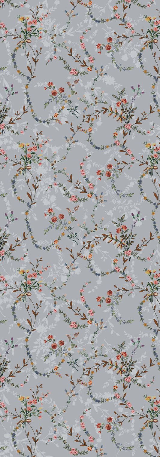 Floral Harmony Linen Scarf – Soft Grey with Pastel Botanical Design