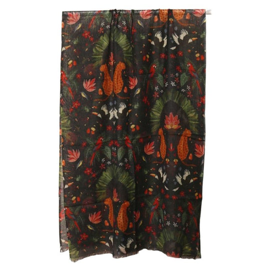 Amazonia Jungle Scarf –  Fine Merino Wool | Exotic Wildlife Print with Leopards, Parrots & Tropical Flora