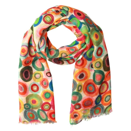 Kaleidoscope Circles Scarf – Fine wool | Vibrant Geometric Abstract Designer Wrap - White base