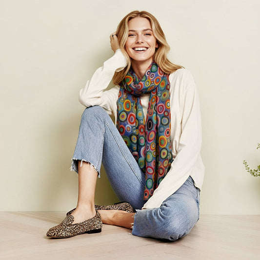 Kaleidoscope Circles Scarf – Merino Fine Wool | Vibrant Geometric Abstract Designer Wrap - Grey base