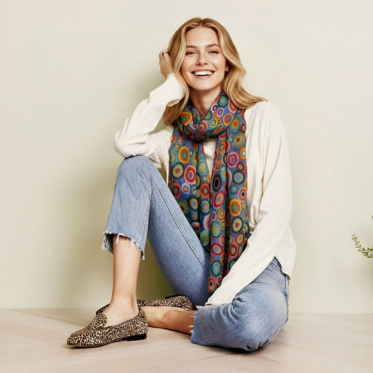 Kaleidoscope Circles Scarf – Merino Wool Silk | Vibrant Geometric Abstract Designer Wrap - Grey base