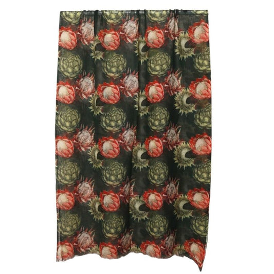 Protea Bloom Midnight Scarf – Merino Wool Silk | Dark Botanical Australian Floral Wrap