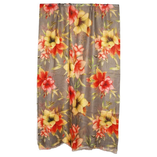 Golden Coral Lily Scarf – Merino Wool Silk | Tropical Botanical Floral Wrap on Charcoal Grey