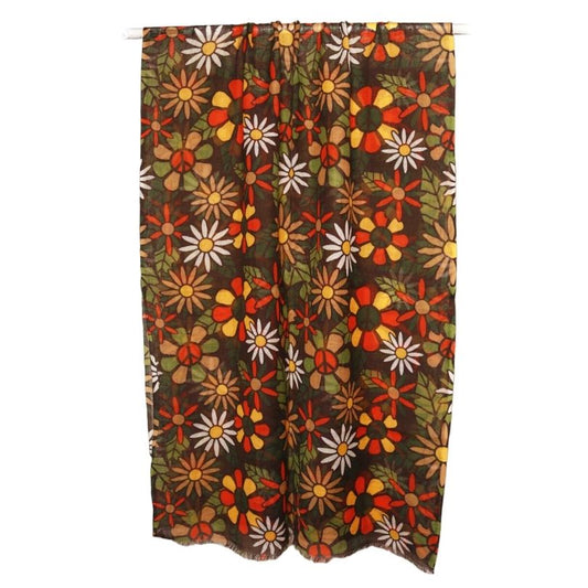 Retro Peace Daisy Scarf – Merino Wool Silk | 70s Inspired Floral Wrap with Earthy Botanical Motifs