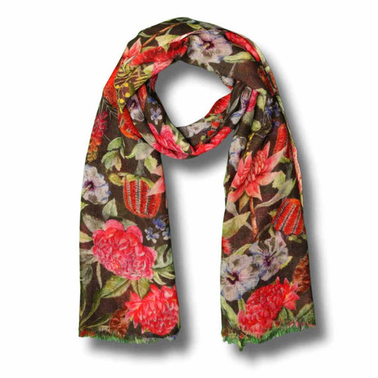 Wildflower Symphony Scarf –Merino Fine Wool | Australian Native Protea & Waratah Floral Wrap on Charcoal Grey